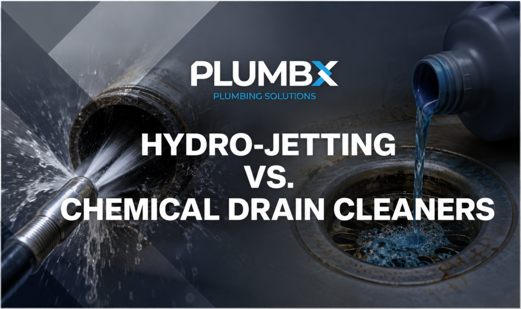 Hydro jetting Charleston SC vs. chemical drain cleaners — PlumbX pipe cleaning comparison graphic