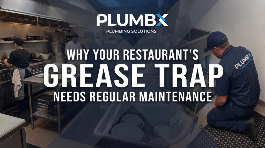 Grease trap maintenance Charleston SC: PlumbX technician servicing a restaurant grease trap in a commercial kitchen