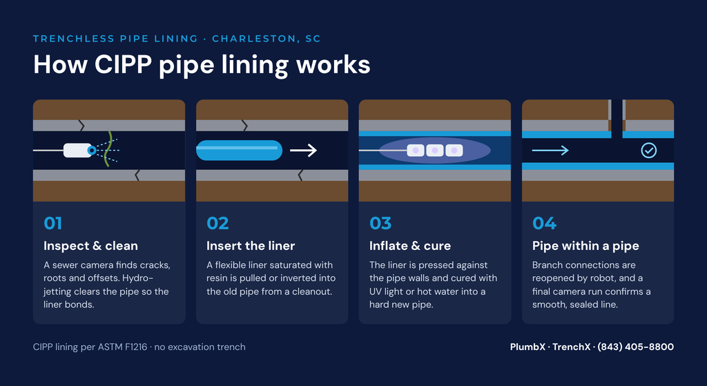 How trenchless pipe lining works, CIPP sewer repair process in Charleston SC