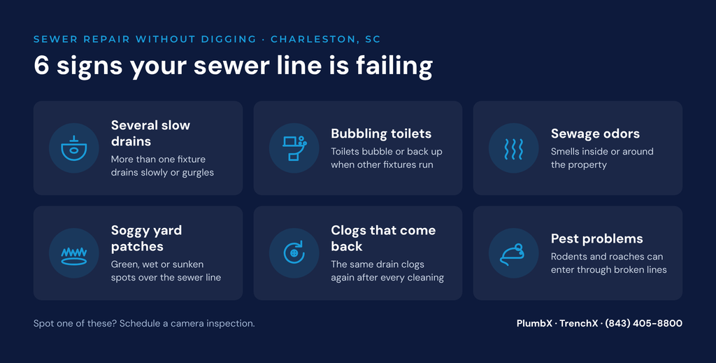 Warning signs you need sewer repair without digging in Charleston SC