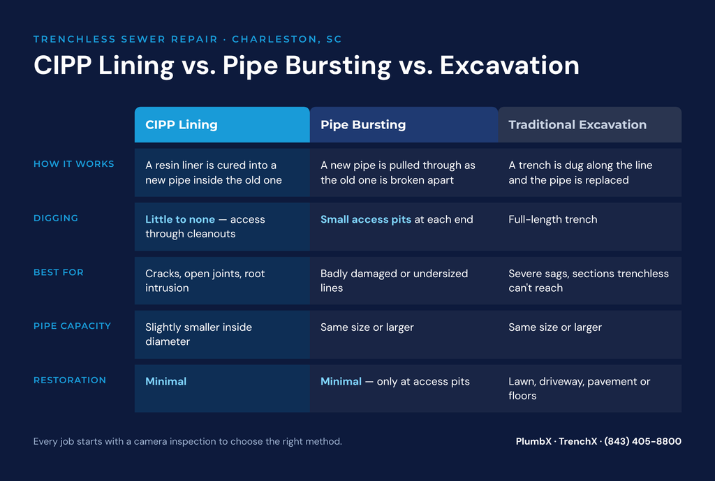 Trenchless pipe lining vs pipe bursting vs excavation comparison, no-dig pipe repair Charleston