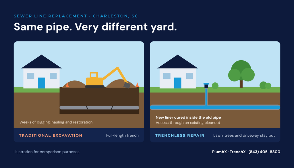 Sewer line replacement Charleston traditional excavation compared to trenchless pipe lining
